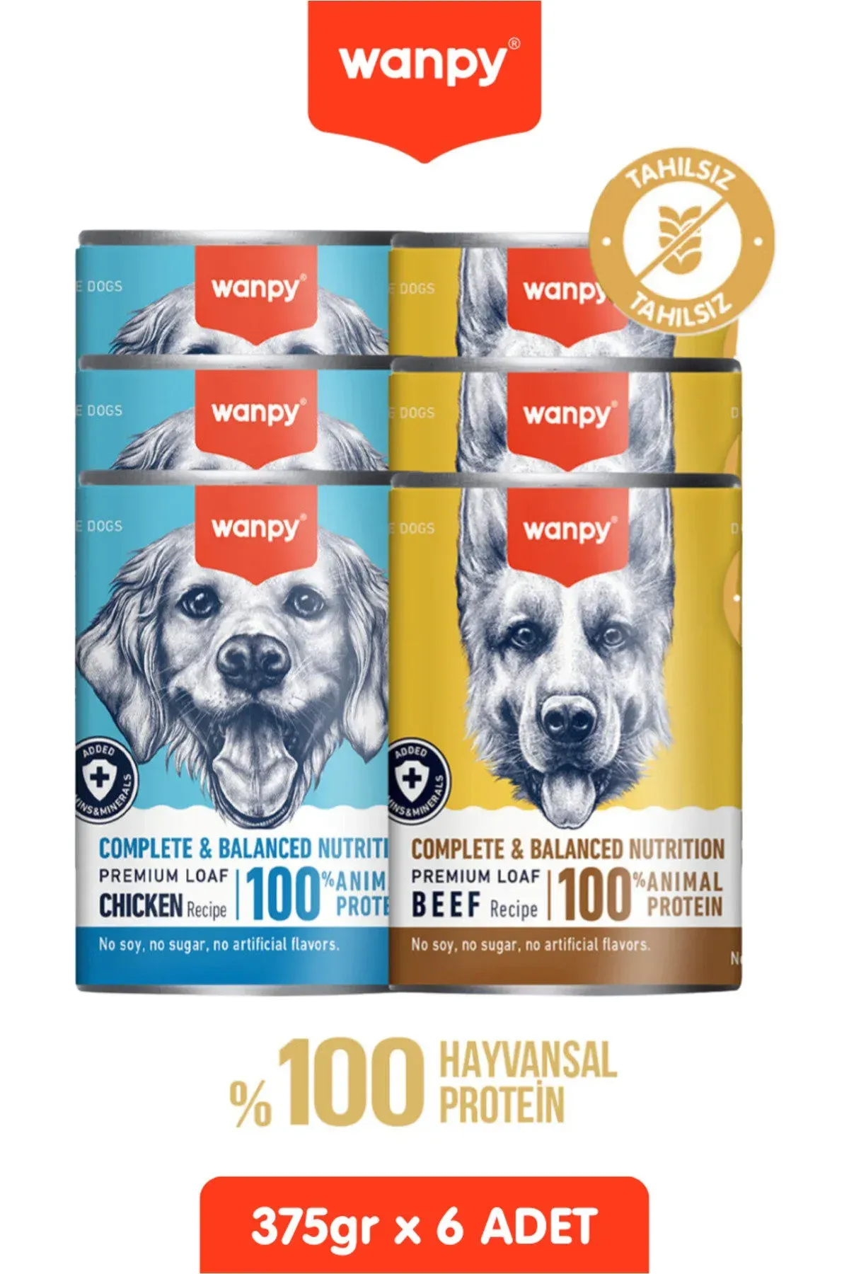 6 Adet Tahılsız Köpek %100 Gerçek Et Biftekli Ve Tavuklu Konserve Yaş Mama 375 gr