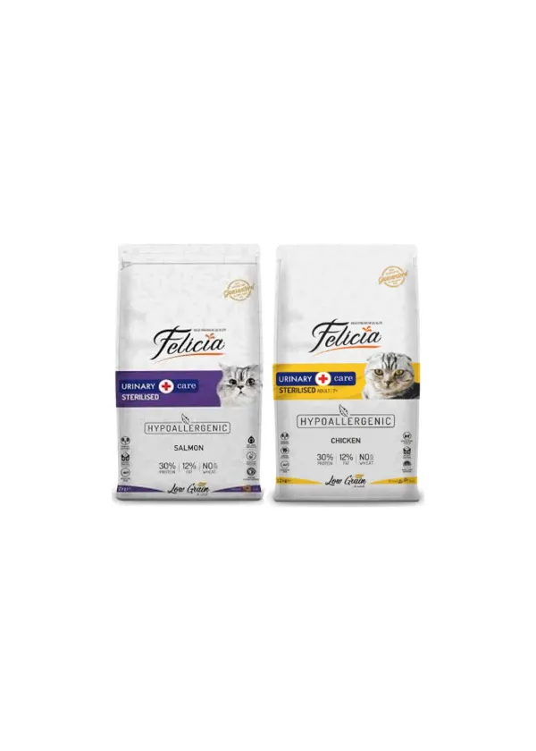 Adult Cat Light & Sterilised Somonlu Kısır Yetişkin Kedi Maması 2 kg + Felicia Az Tahıllı Tavuklu Hypoallergenic Sterilised Kısır Yetişkin Kedi Maması 2 kg