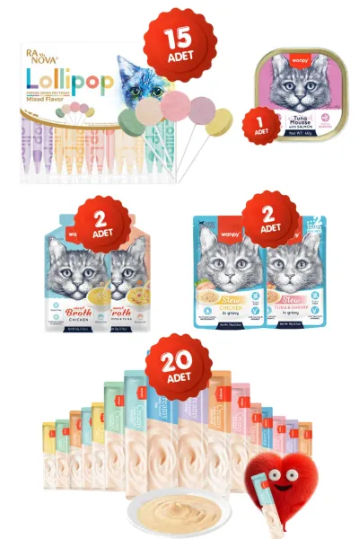 Ödül Seti: Krema Kedi Ödül Maması 20li + 15li Karışık Lolipop + 2li Çorba + 2li Pouch + 1 Yaş Mama