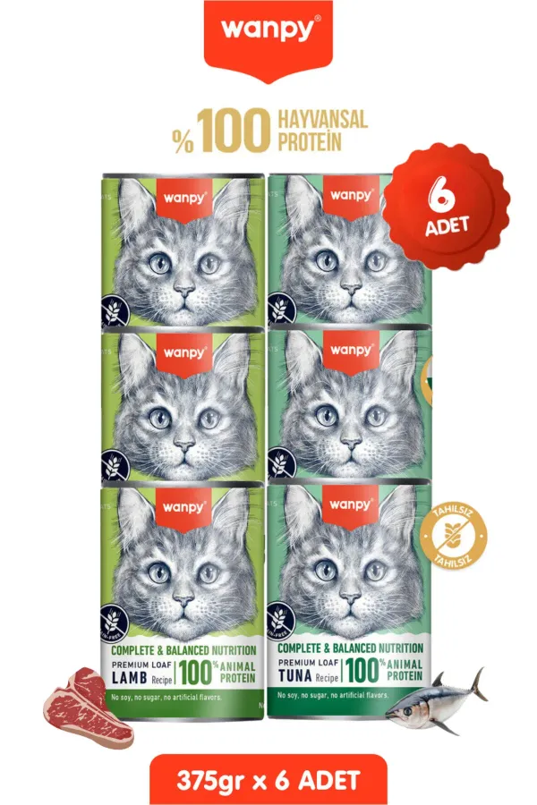6lı Tahılsız Kedi %100 Gerçek Et Proteinli Kuzulu & Ton Balıklı Konserve 6 Adet 375 gr