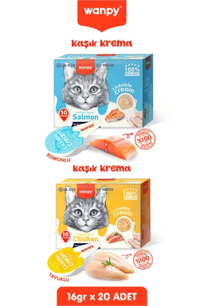 2li Set - Somonlu & Tavuklu Tahılsız Kaşıklı Kedi Ödül Kreması Kedi Ödülü 20 x 16gr