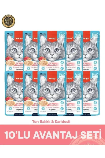 Pouch Ton Balık & Karides Yetişkin Kedi Yaş Maması Seti 10x70 gr
