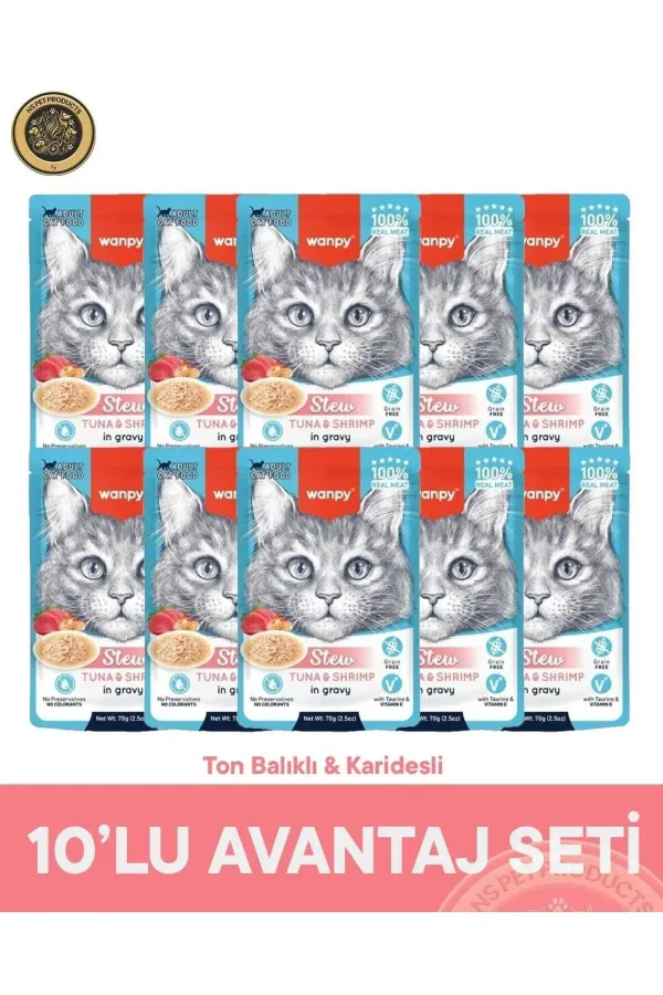 Pouch Ton Balık & Karides Yetişkin Kedi Yaş Maması Seti 10x70 gr