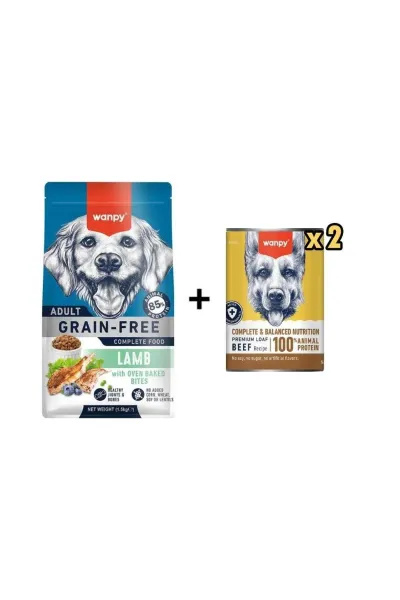Tahılsız Kuzulu Yetişkin Köpek Maması 1,5 Kg + 2 Adet Tahılsız %100 Gerçek Et Biftekli K