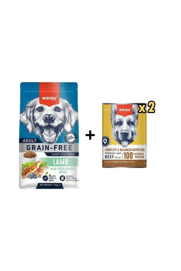 Tahılsız Kuzulu Yetişkin Köpek Maması 1,5 Kg + 2 Adet Tahılsız %100 Gerçek Et Biftekli K