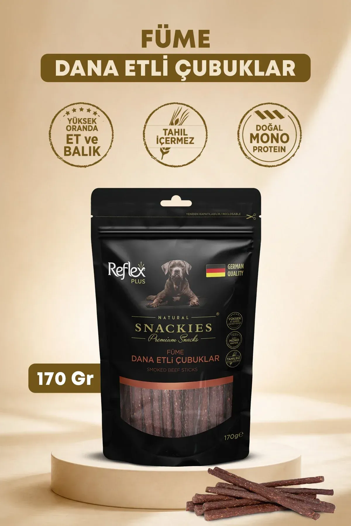 Plus Snackies Natural Füme Dana Etli Çubuklar Premium Köpek Ödül Maması 170g