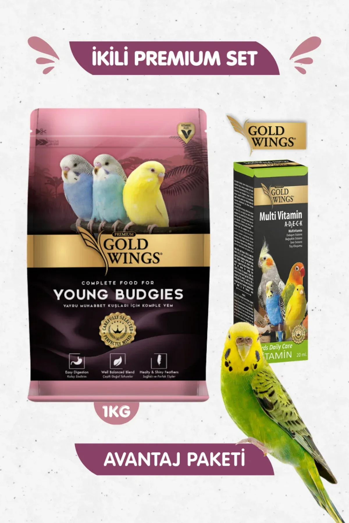 2li Set - Premium Yavru Genç Muhabbet Kuşu Yemi 1 Kg + Muhabbet Kuşu Multivitamin Tüy Oluşum Desteği