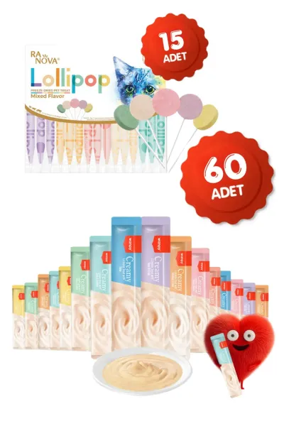 Krema Kedi Ödül Maması 60 Adet 14gr 15li Karışık Lezzet Lolipop Kedi Ödülü Hediyeli
