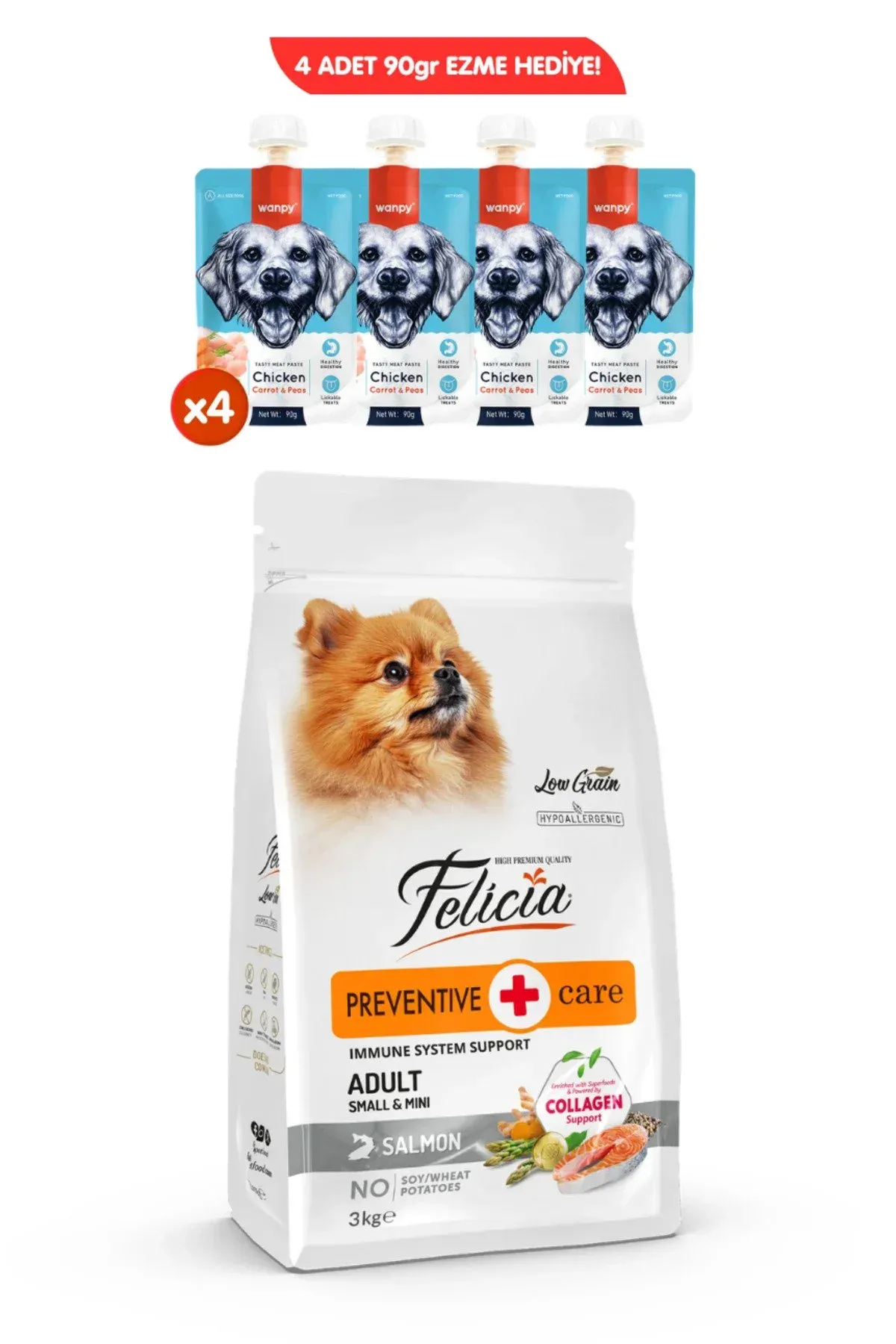 Kolajen Destekli Hipoalerjenik Somonlu Yetişkin Small Mini Köpek Maması 3KG + 4 ADET Wanpy Ezme 90gr