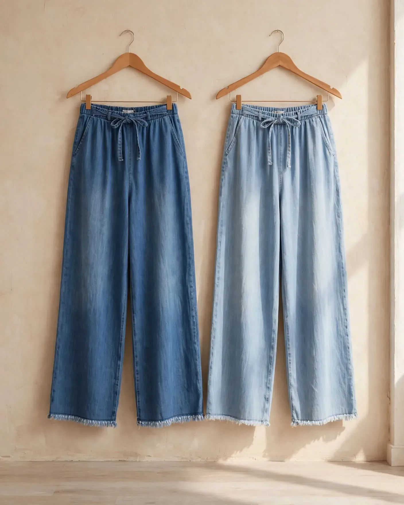 Kum rengi duvar önünde ahşap askıda mavi ve açık mavi kadın wide leg kot pantolon