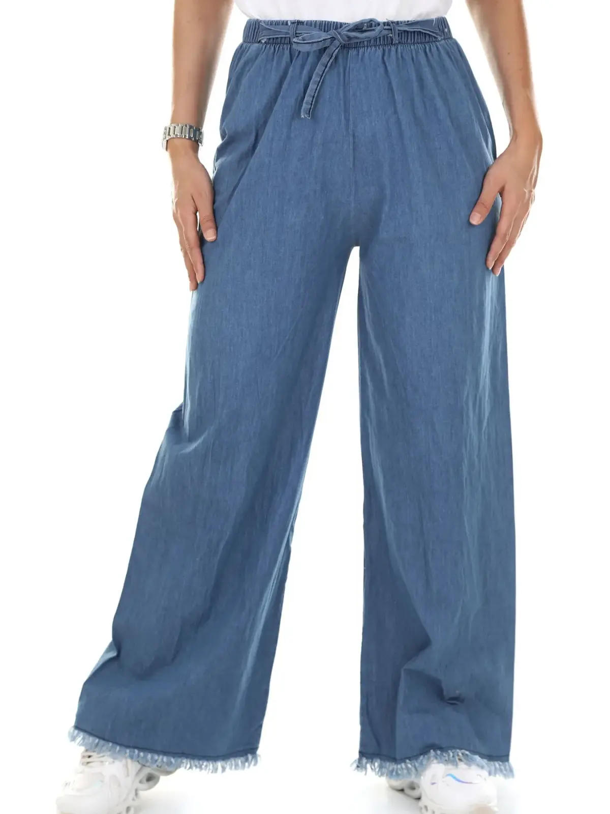 Kadın Beli Bağcıklı Wide Leg Kot Pantolon – Mavi