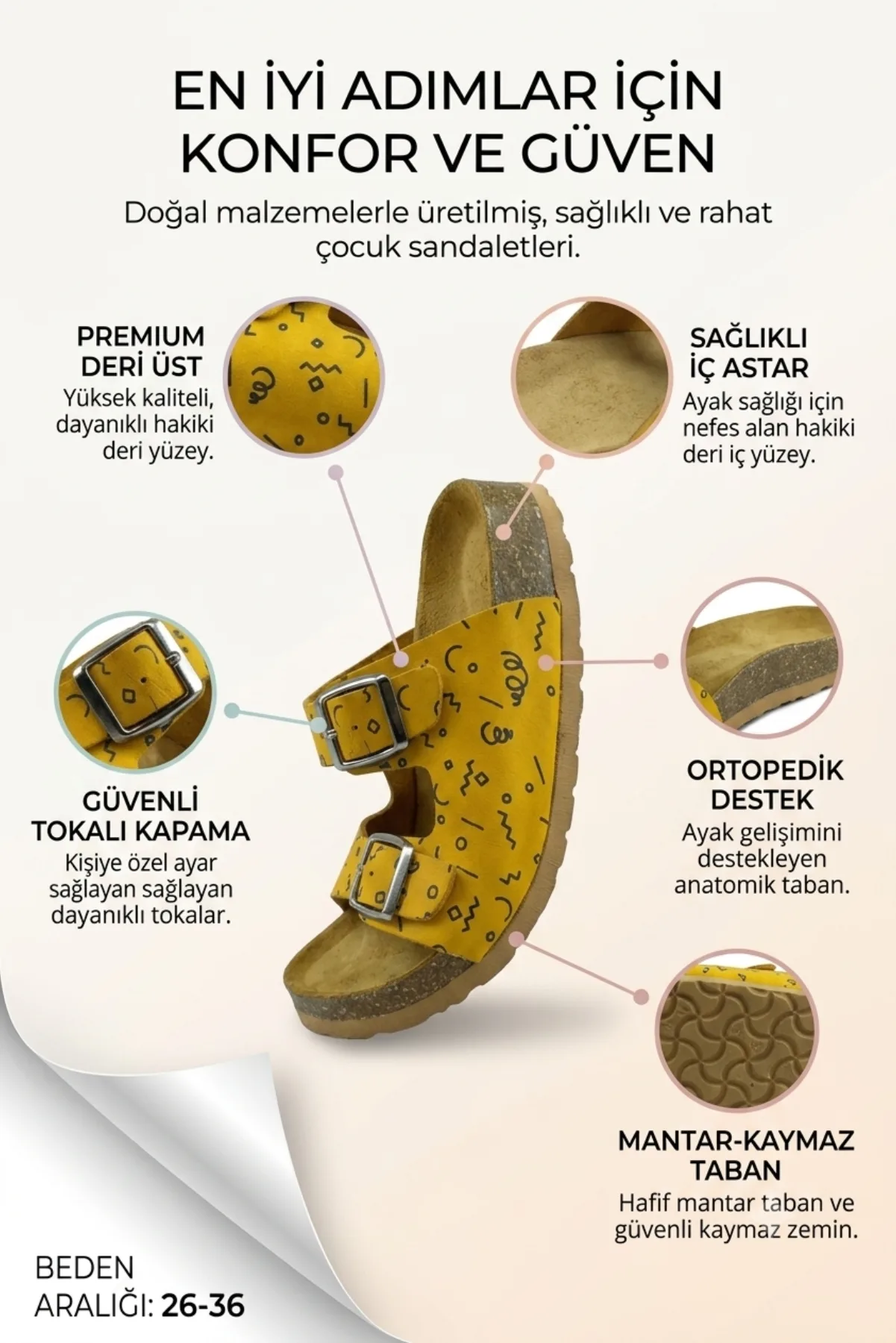 Hardal Baskılı Deri ve Ortopedik Çocuk Sandalet Terlik