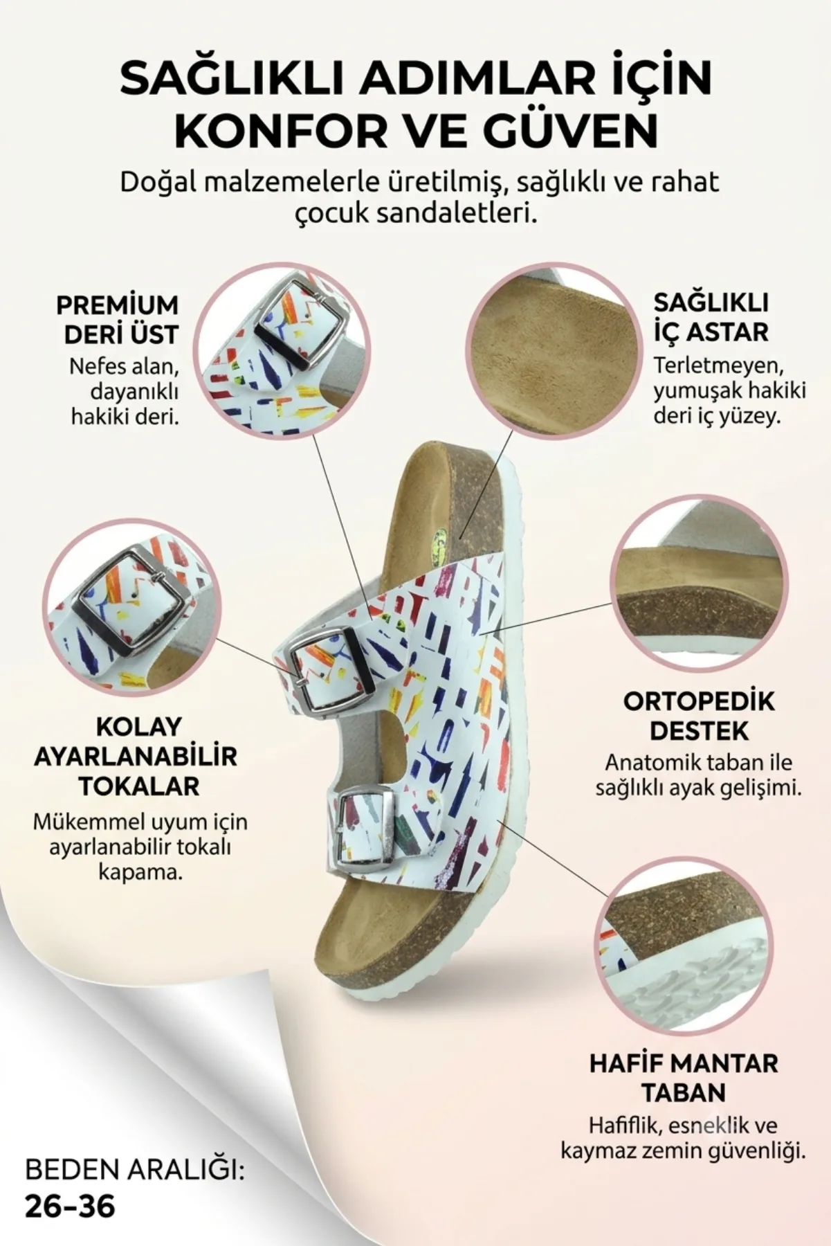 Beyaz Baskılı Deri ve Ortopedik Çocuk Sandalet Terlik