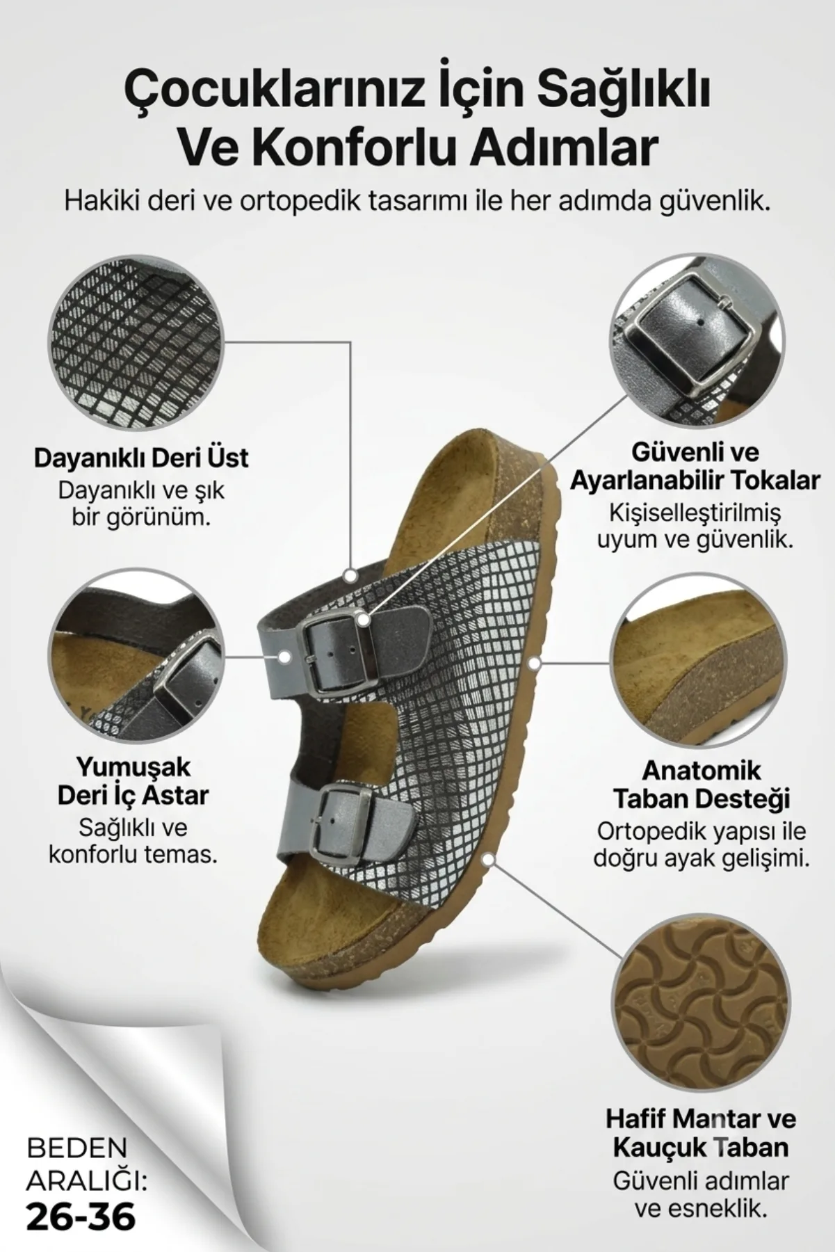 Platin Baskılı Deri ve Ortopedik Çocuk Sandalet Terlik