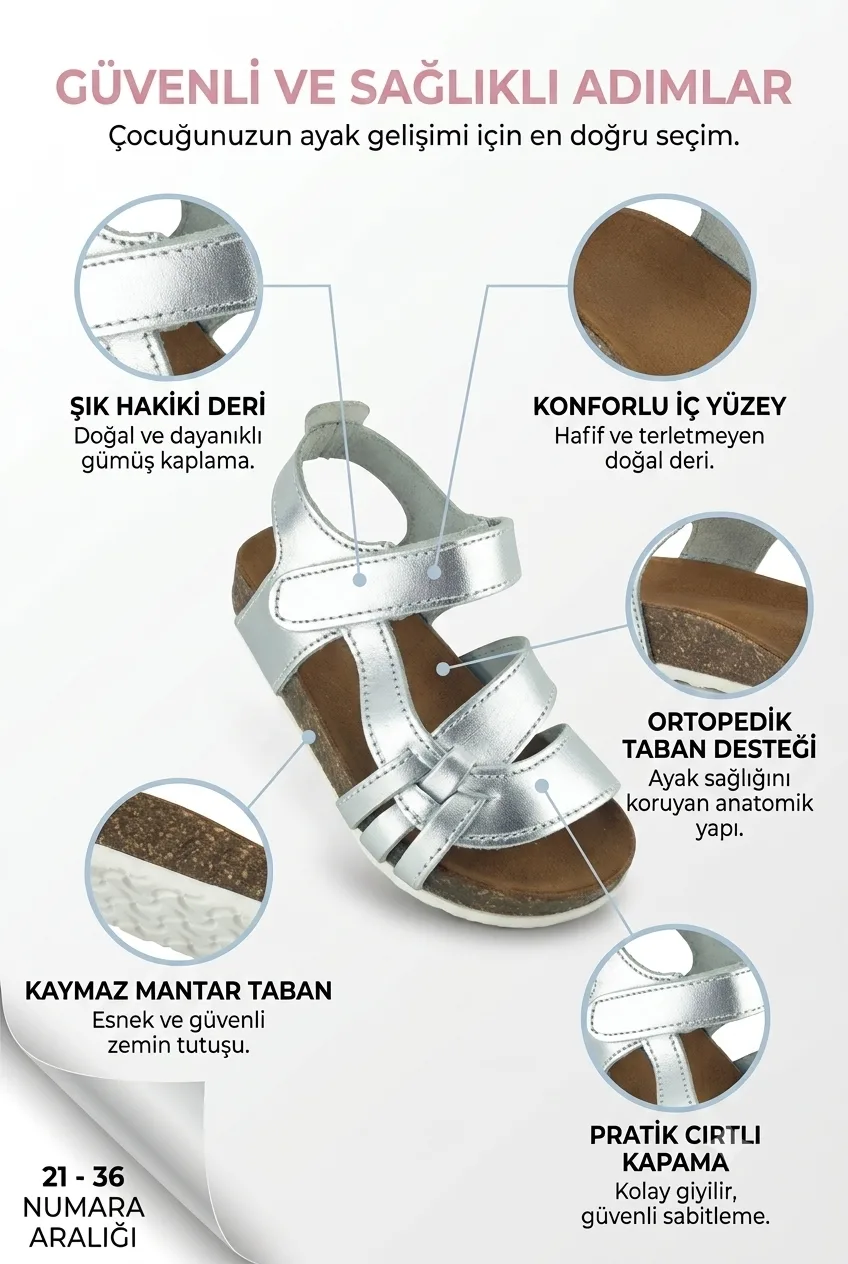 Gümüş Deri ve Ortopedik Kız Çocuk Sandalet