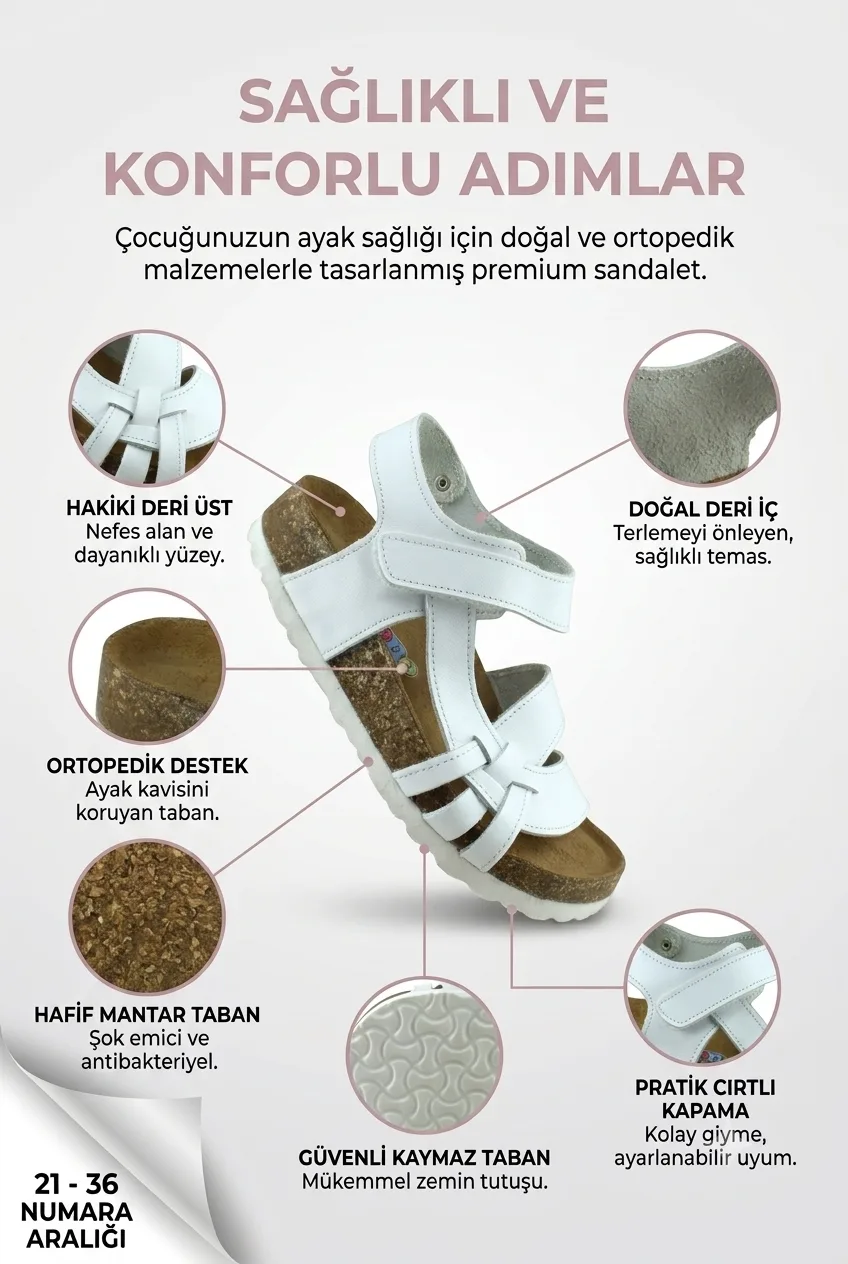 Beyaz Deri ve Ortopedik Bebek Sandalet