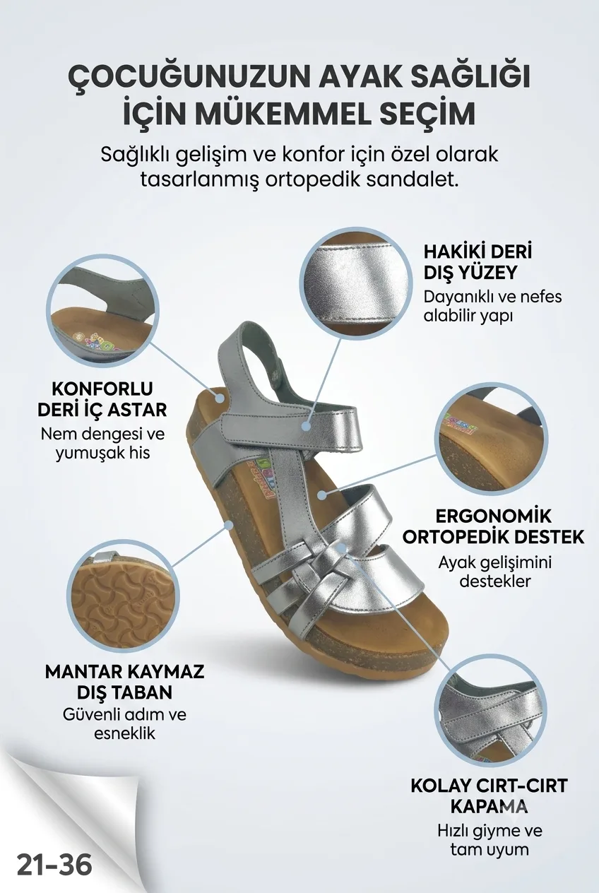 Platin Deri ve Ortopedik Kız Çocuk Sandalet