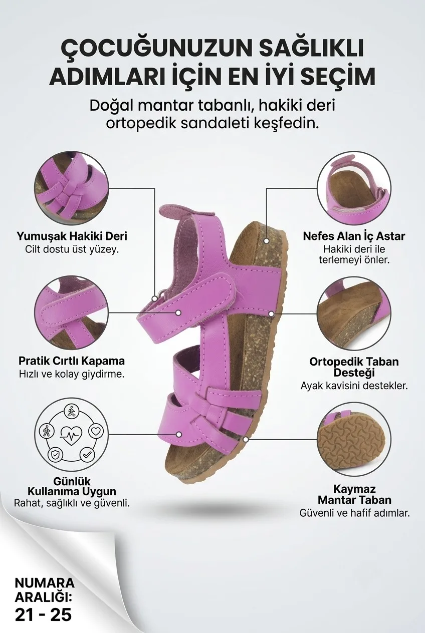 Fuşya Deri ve Ortopedik Bebek Sandalet