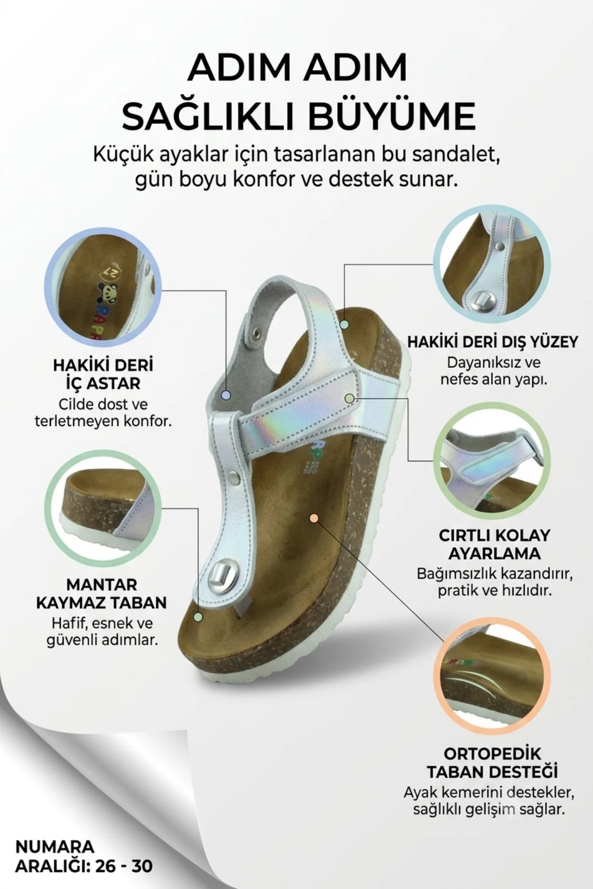 Gümüş Deri ve Ortopedik Çocuk Sandalet