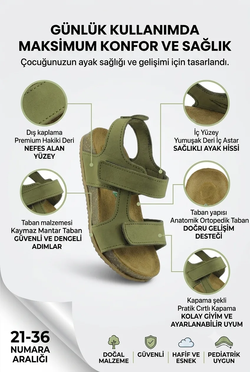 Haki Yeşil Deri ve Ortopedik Bebek Sandalet