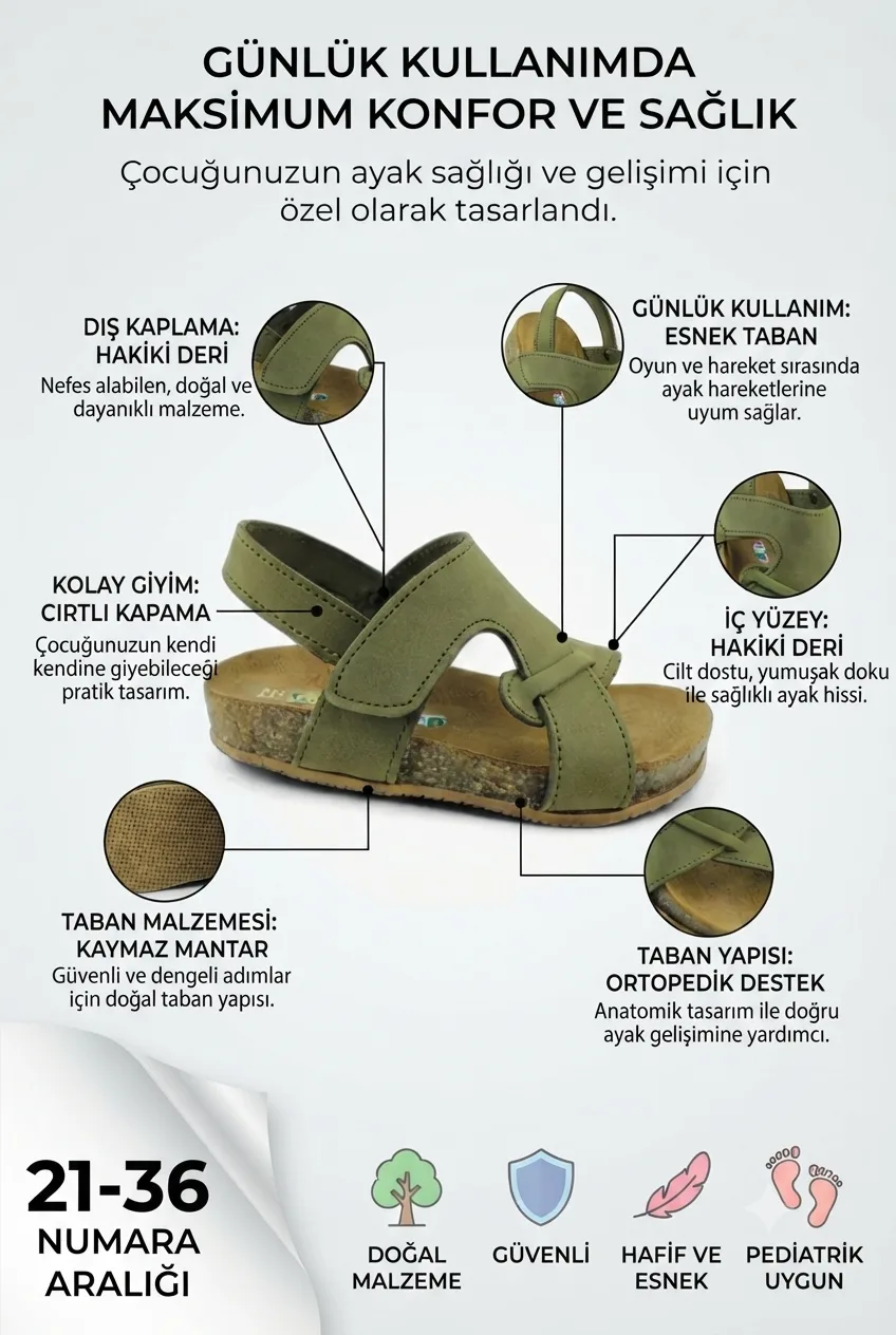 Haki Yeşil Deri ve Ortopedik Çocuk Sandalet