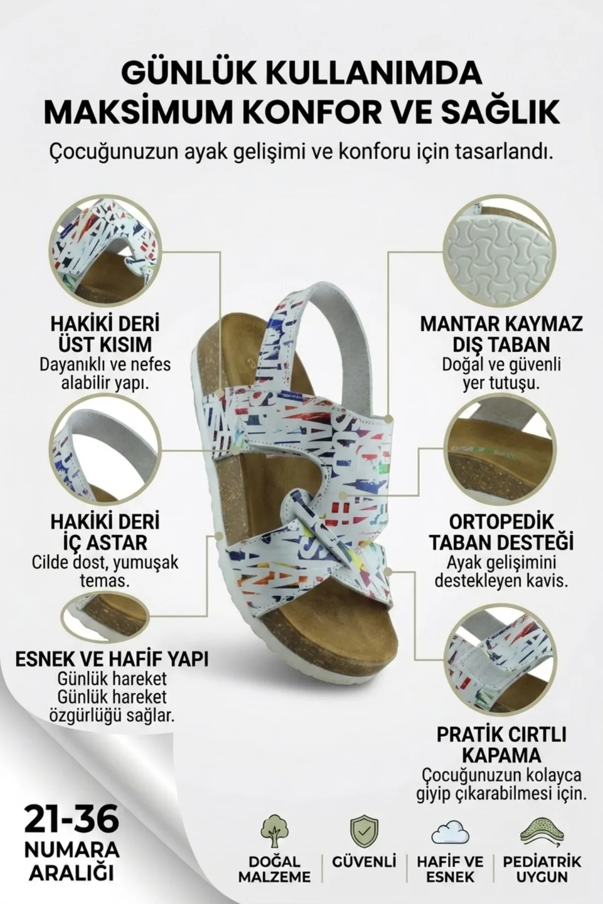 Beyaz Baskılı Deri ve Ortopedik Çocuk Sandalet
