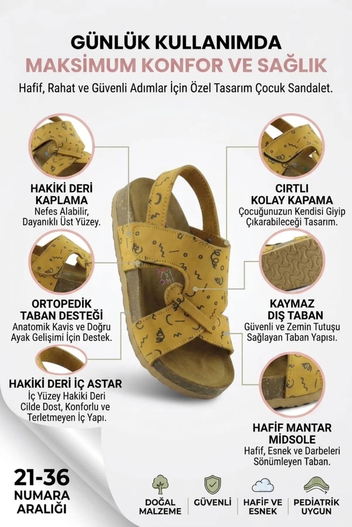 Hardal Baskılı Deri ve Ortopedik Çocuk Sandalet