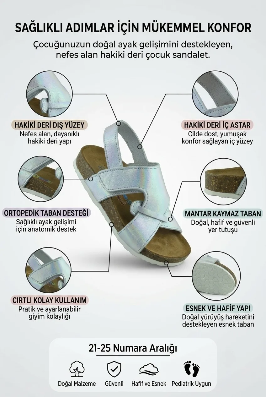 Gümüş Deri ve Ortopedik Bebek Sandalet
