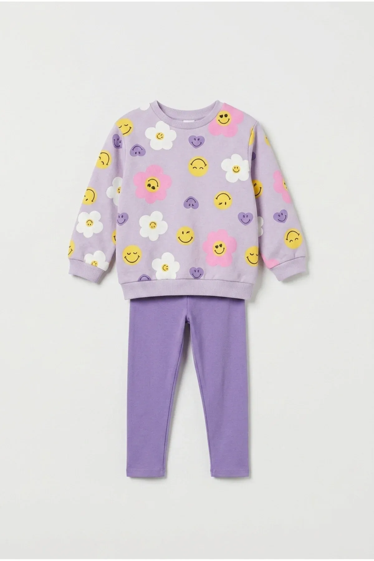 kız çocuk bebek lila gülümseyen yüz çiçek baskılı sweatshirt tayt takım ZEYDER2238
