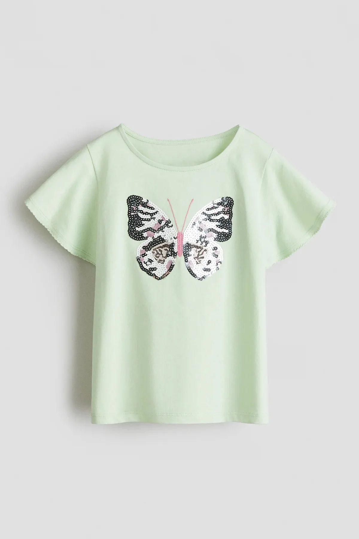 kız çocuk kelebek desenli pullu t-shirt yeşil ZEYDER2165