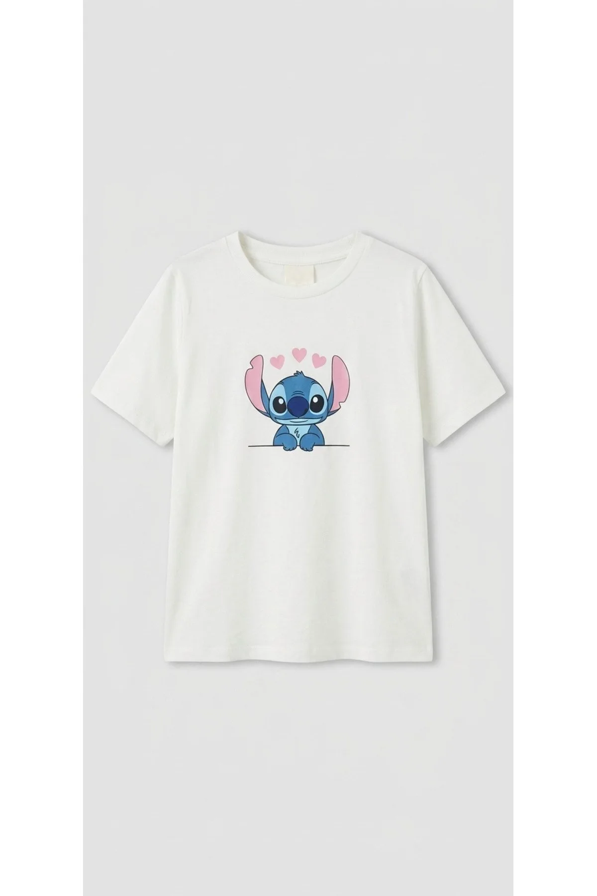 kız çocuk tişört stitch baskılı beyaz pembe 6-14 yaş