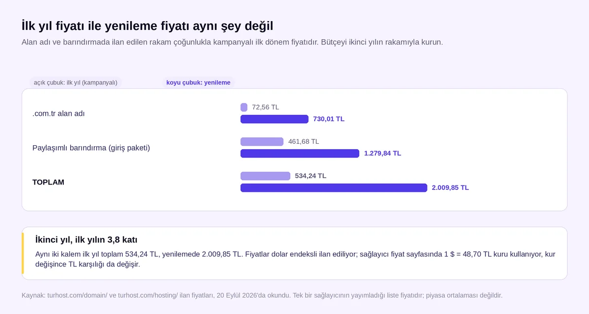 Alan adı ve barındırmada ilk yıl kampanya fiyatı ile yenileme fiyatının karşılaştırıldığı e-ticaret maliyet grafiği