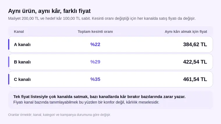 Aynı üründe kesinti oranı değiştiğinde aynı kârı almak için gereken satış fiyatının kanal kanal değişmesi