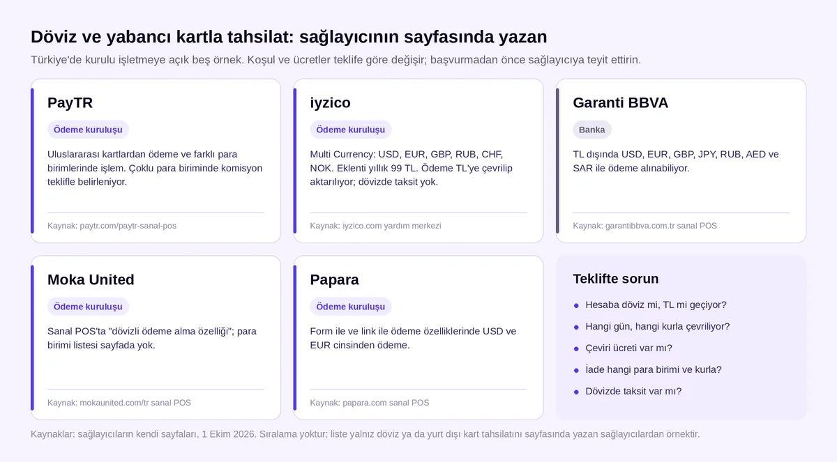 Türkiye'de döviz ve yabancı kartla tahsilat: PayTR, iyzico, Garanti BBVA, Moka United ve Papara sayfalarında yazan koşullar