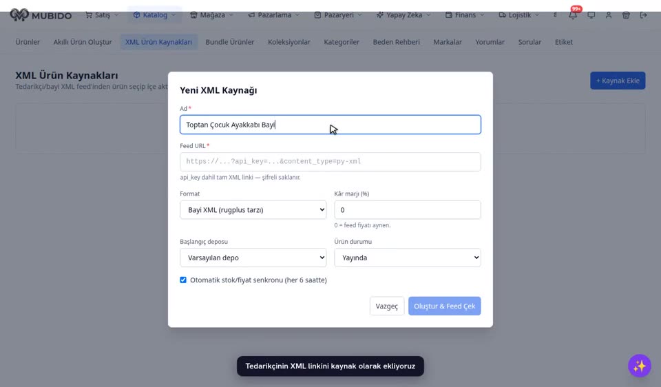 Mubido panelinde XML ürün kaynağı ekleme ekranı