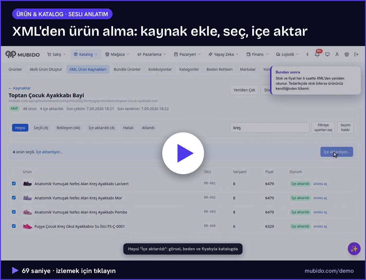 XML'den ürün alma: kaynak ekle, seç, içe aktar — mubido panel demosu