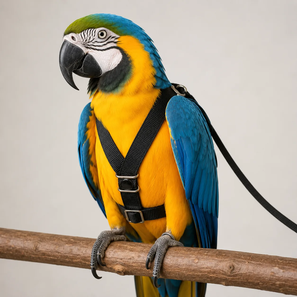 Tünekte duran mavi-sarı macaw papağanı, siyah Petcalvit uçuş tasması takılı