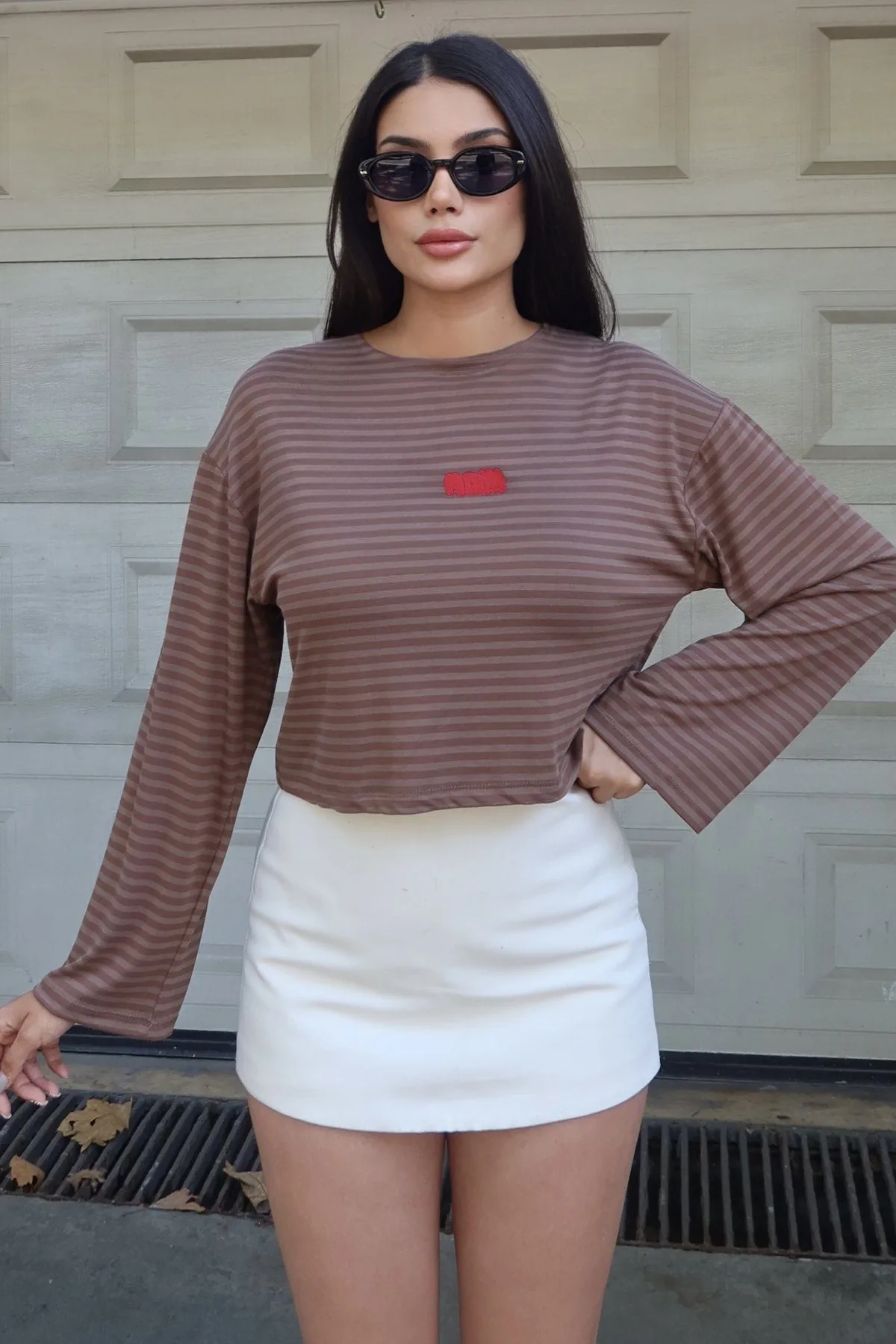 Çizgili Kumaş Nakışlı Bluz Taba