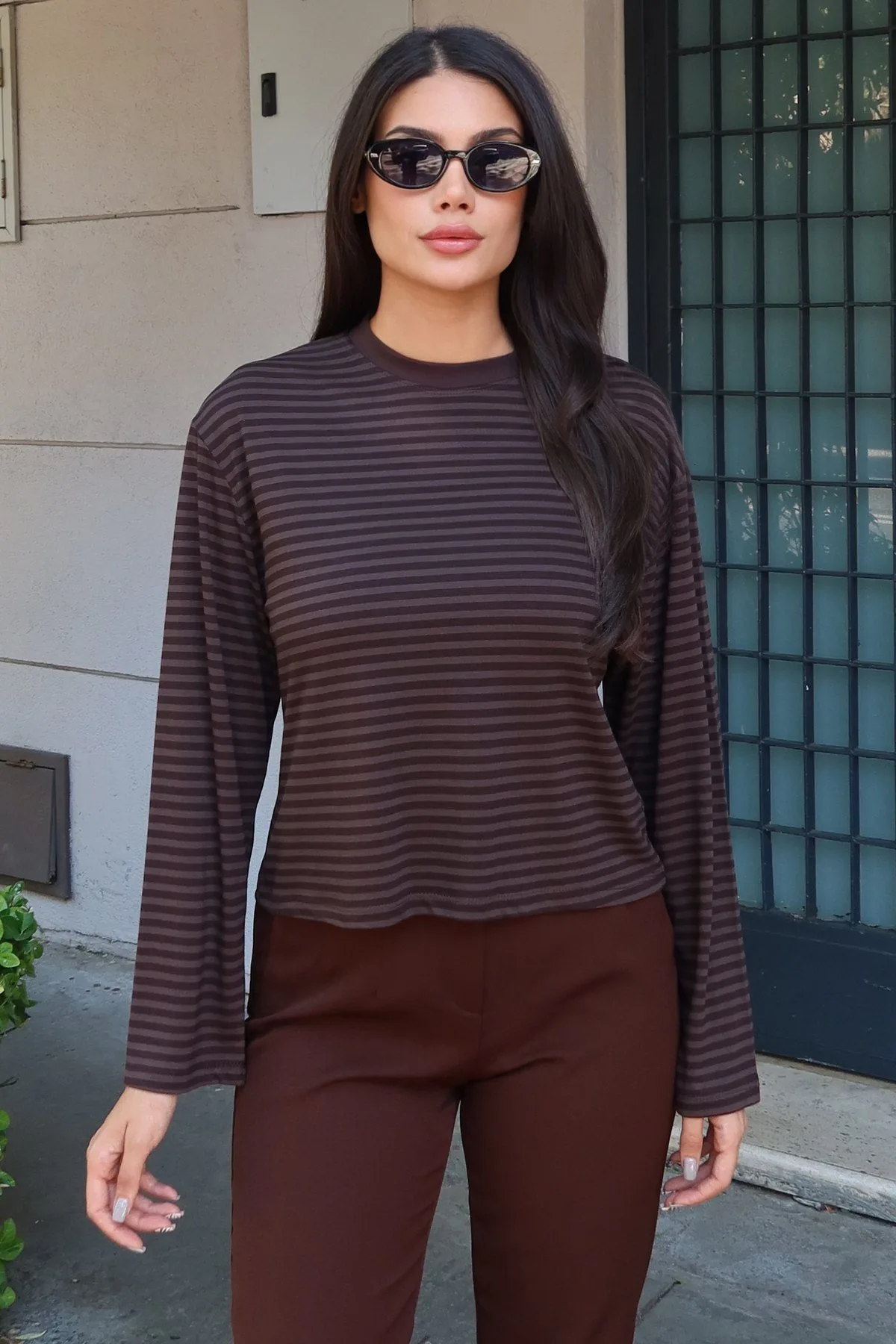 Çizgili Kumaş Basic Bluz Kahverengi