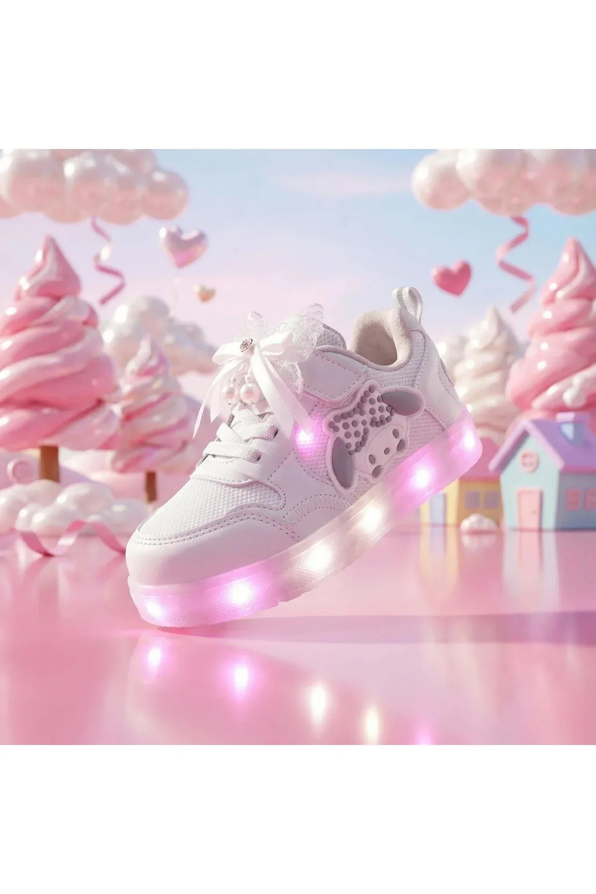 Kız Çocuk İnci Detaylı Dantelli Kurdeleli Işıklı Sneaker — Beyaz