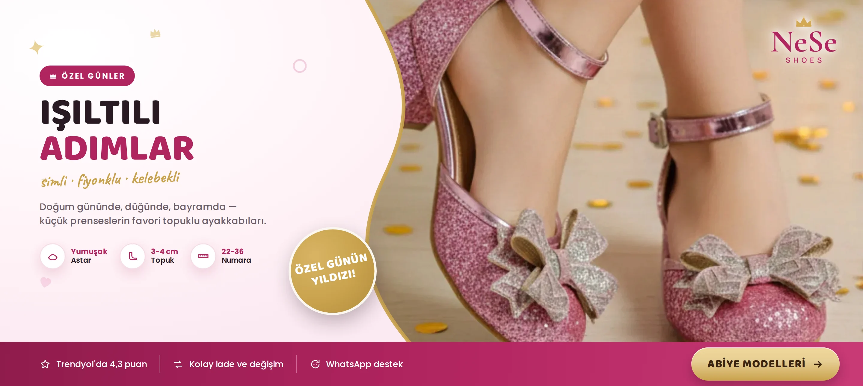 NeSe Shoes ışıltılı fiyonklu kız çocuk abiye topuklu ayakkabı — özel günler