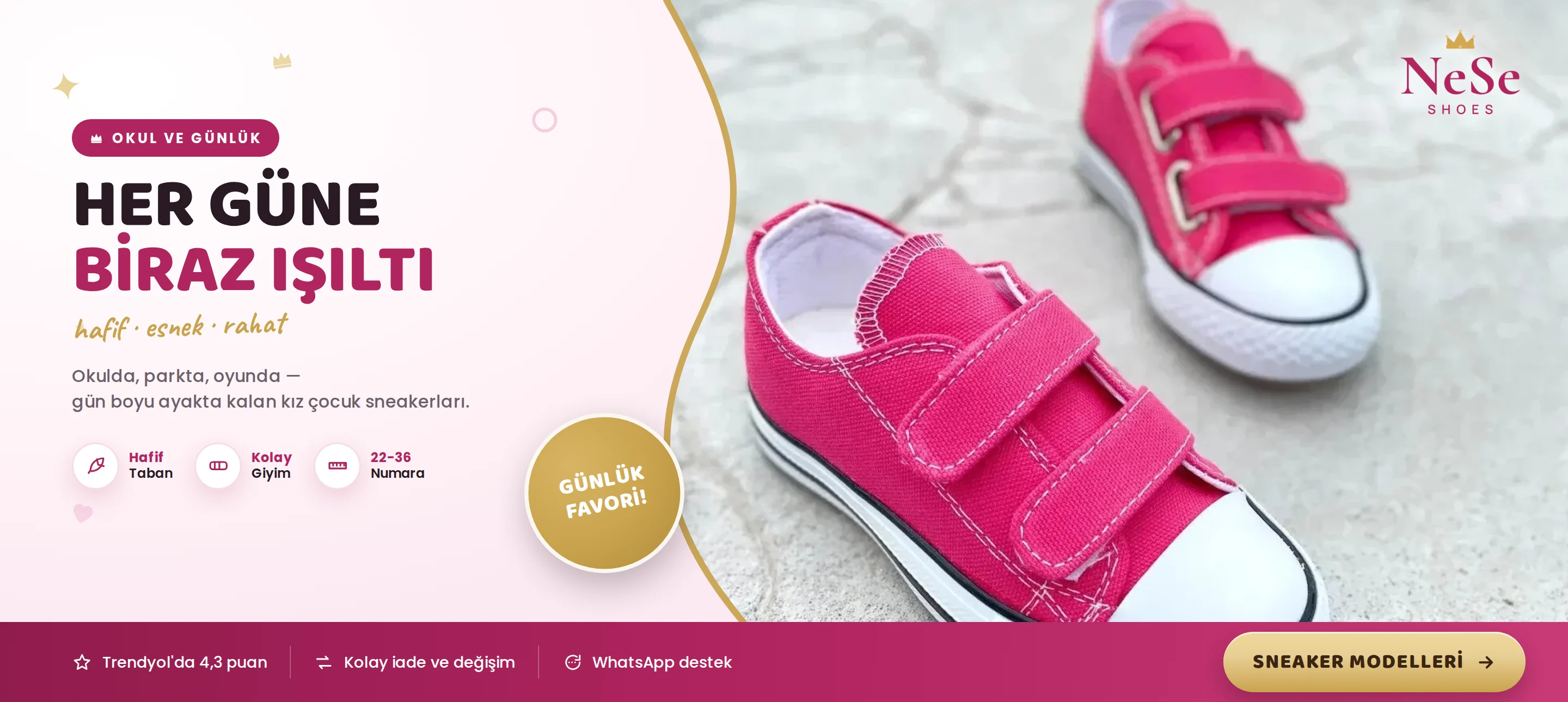 NeSe Shoes pembe keten kız çocuk sneaker — okul ve günlük