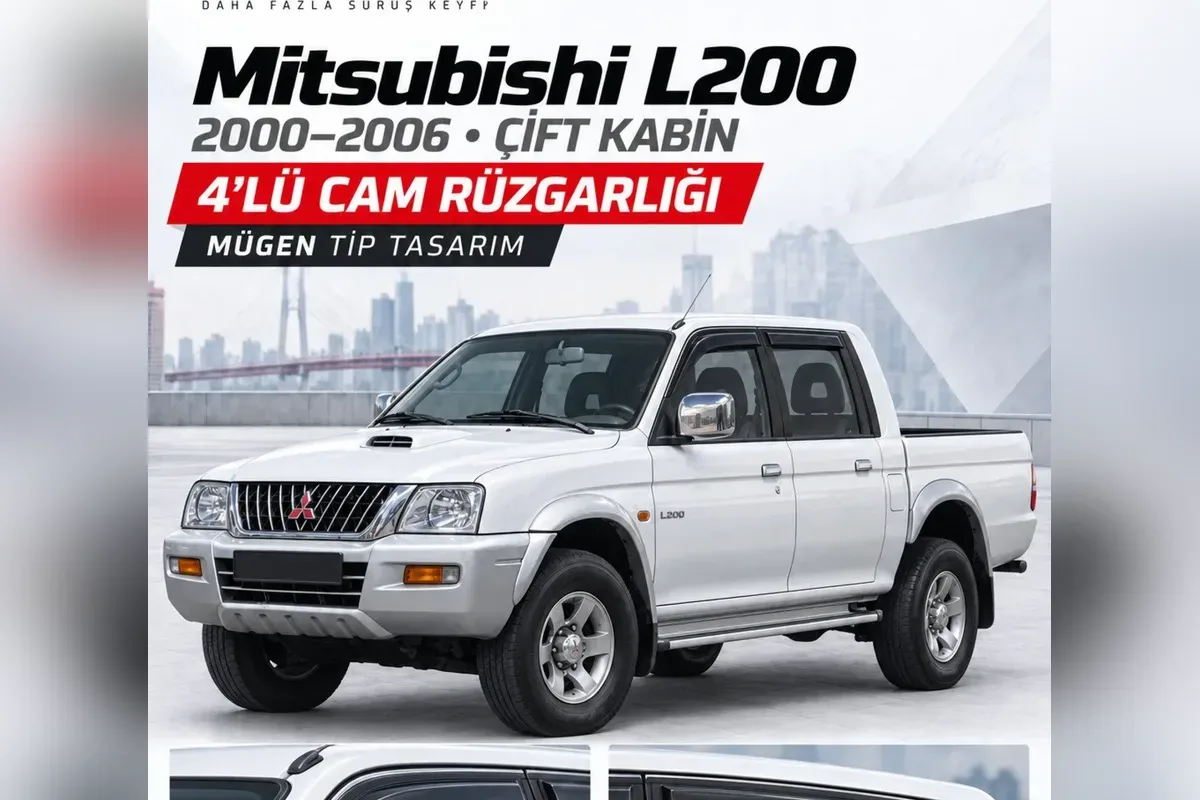 Mitsubishi L200 cam rüzgarlığı takılı pikap yan görünümü