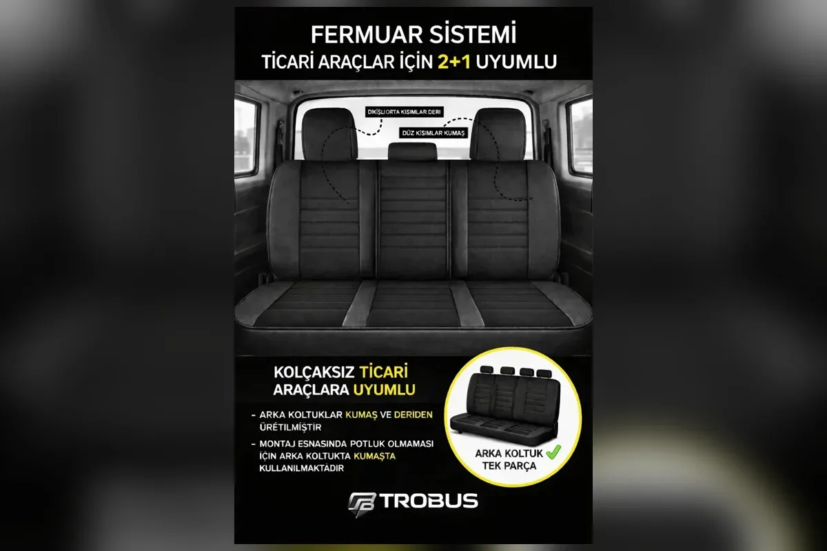 2 artı 1 arka koltuklu ticari araç için fermuarlı koltuk kılıfı