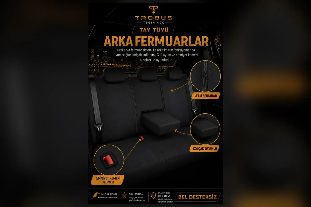 Arka koltuk kılıfında kolçak ve emniyet kemeri fermuarları