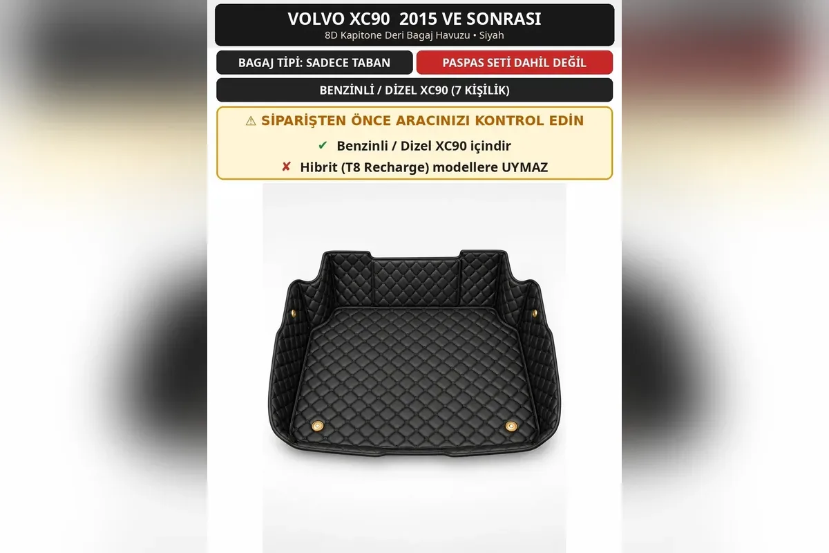Siyah 8D kapitone bagaj havuzu ürün görseli ve motor tipi için sipariş öncesi kontrol notu