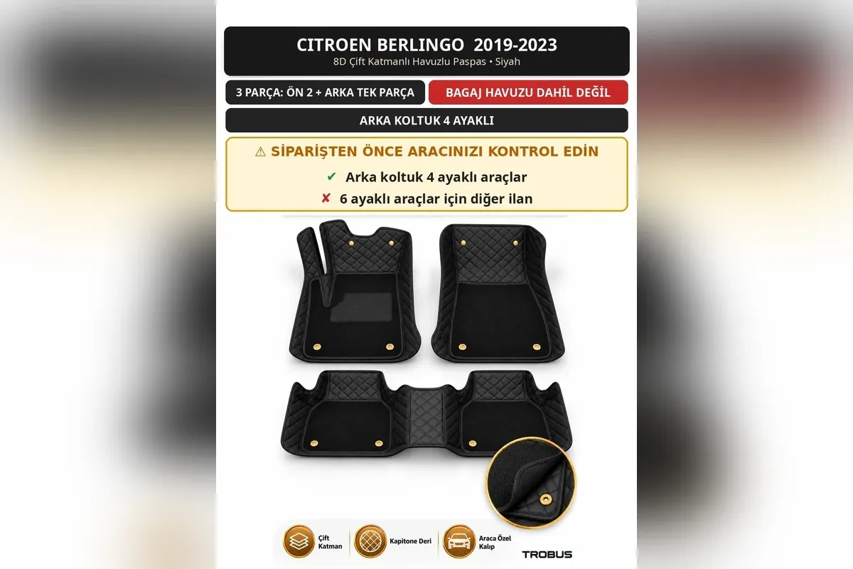 Citroen Berlingo 2019-2023 arka koltuğu 4 ayaklı araçlar için 8D çift katmanlı siyah paspas seti