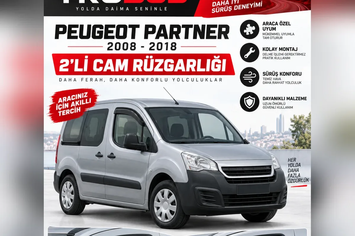 Peugeot Partner 2008-2018 gümüş renkli araç ve ön camlar için 2 parça cam rüzgarlığı ürün görseli
