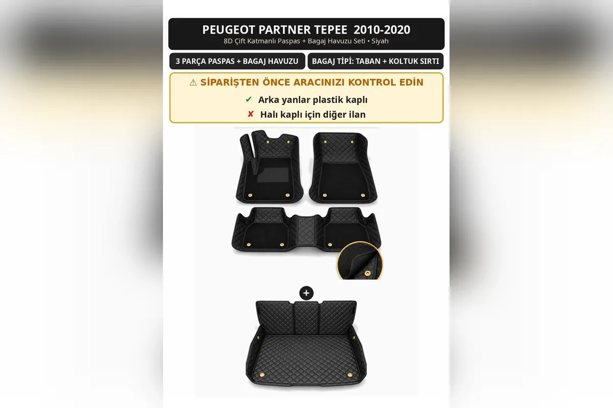 Peugeot Partner Tepee 2010-2020 arka yanları plastik kaplı araçlar için 8D paspas ve bagaj havuzu seti siyah