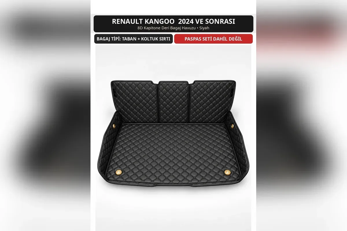 Renault Kangoo 2024 ve sonrası için siyah 8D kapitone bagaj havuzu, taban ve arka koltuk sırtı kaplamalı